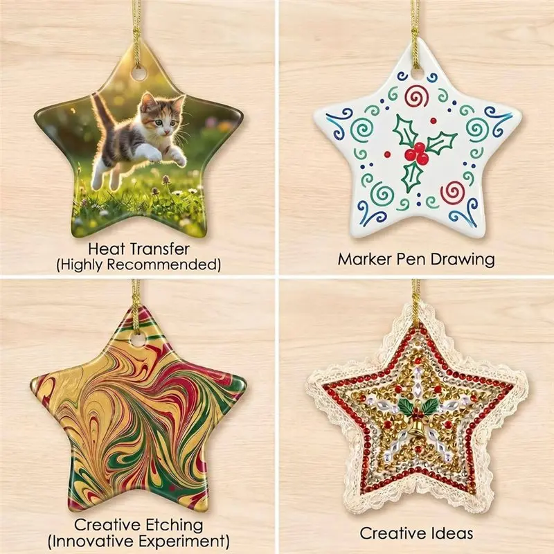 AAAF For DIY Craft,Decoration 10 Pcs 3 Inch Sublimation Blank Five Pointed Star Ornaments With Gold String
