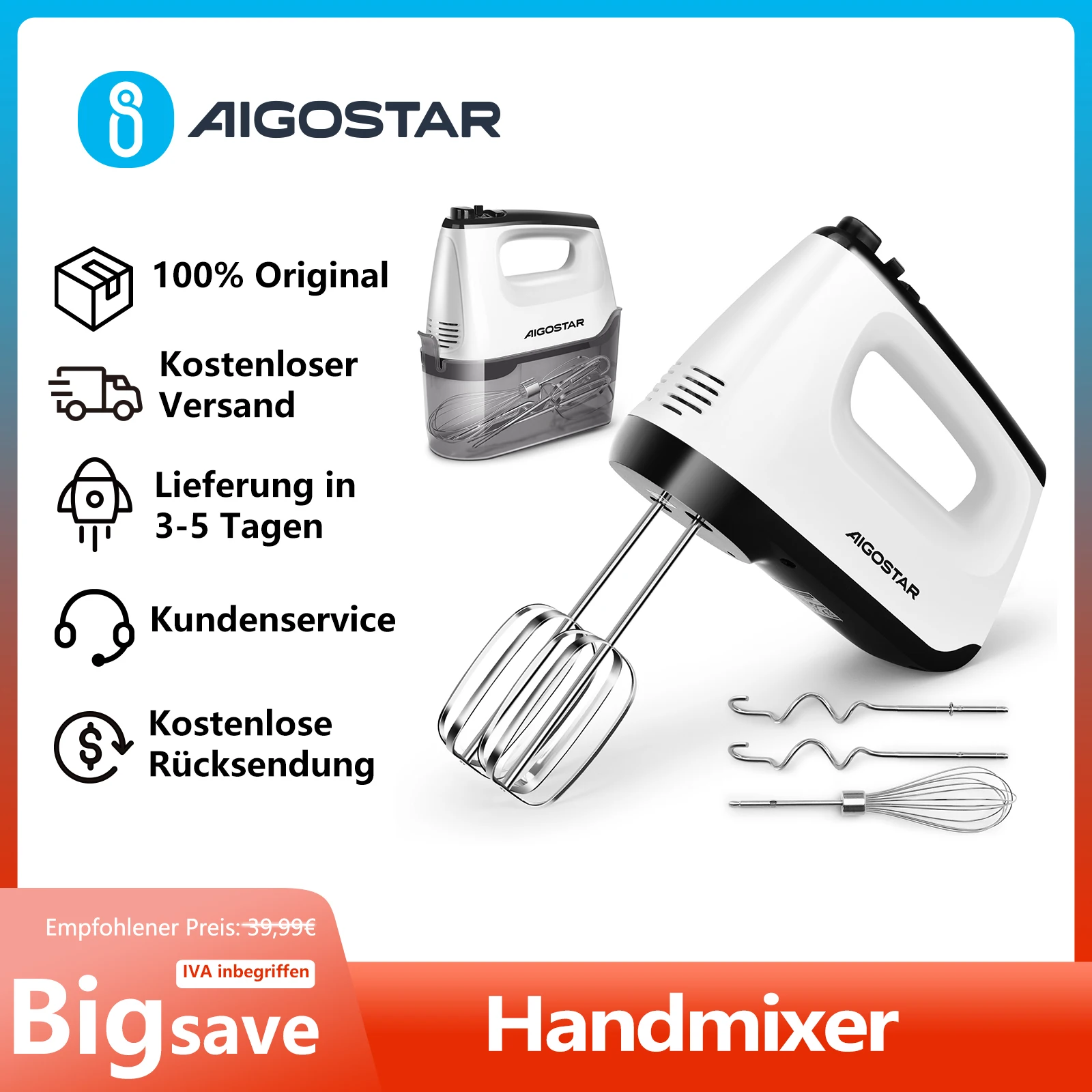 Aigostar Handmixer Elektrisch mit Aufbewahrungskoffer, Handrührer, 400 W, 5 Edelstahlzubehör, Turbolader, Spülmaschinengeeignet, 6-Gang, Auswurftaste