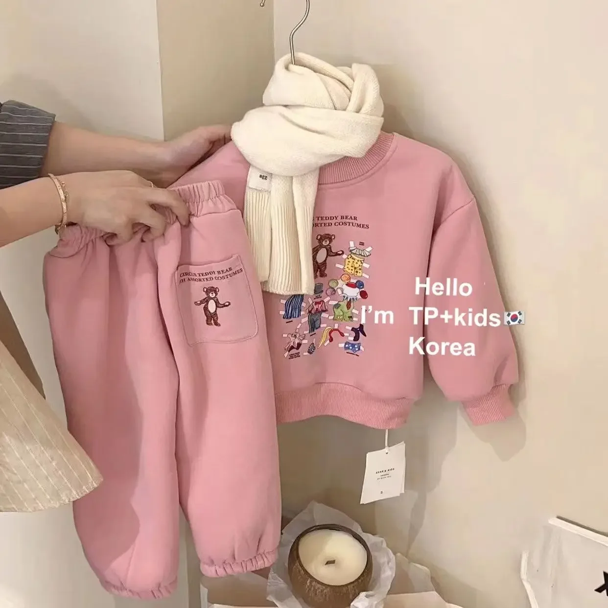 

Winter Plush Warm Children's Sets 2024 Cute Bear Girls' Boys Thick Cartoon Printed Plush Sweater Pant 2 Pcs Casual Baby Cothes
