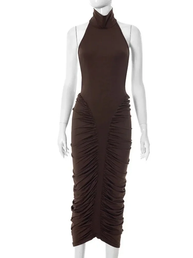 Chaxiaoa Turtleneck Backless Ruched Sexy Maxi Dress Women Brown Off-shoulder Backless Bodycon Club Party Long Dresses Female