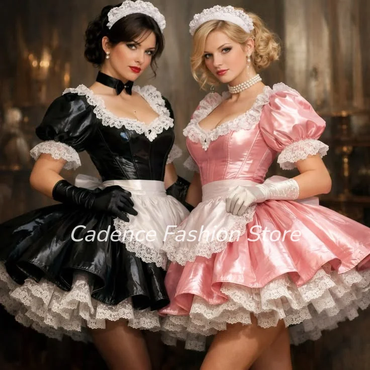 Glänzendes Mini-Abschlussballkleid für besondere Anlässe 2026, Cosplay-Maid-Kleid im Vintage-Stil mit V-Ausschnitt, Spitzenbesatz, bauschigem Rüschen-Abendkleid, maßgeschneidert