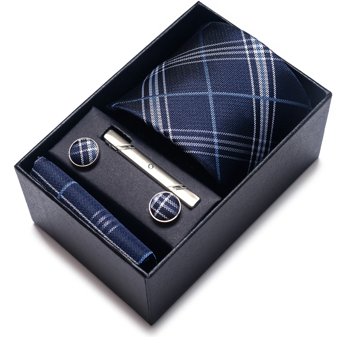 Immagine 6: Set da 4 pezzi per uomo: cravatta a righe, pochette, gemelli e fermacravatta, ideale per regali, affari, lavoro e matrimoni.