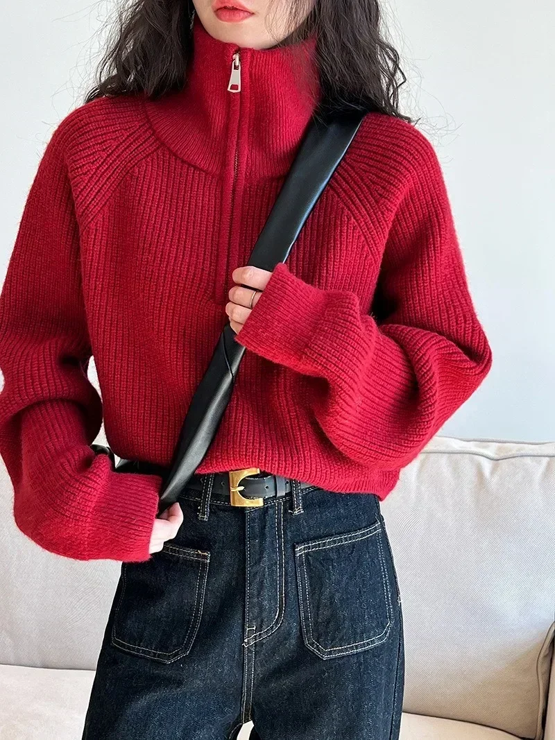 Autumn Winter  Zipper Sweaters Women Solid Color High Neck Knitted Pullover Solid Red Loose Turndown Collar Women\'s Turtleneck