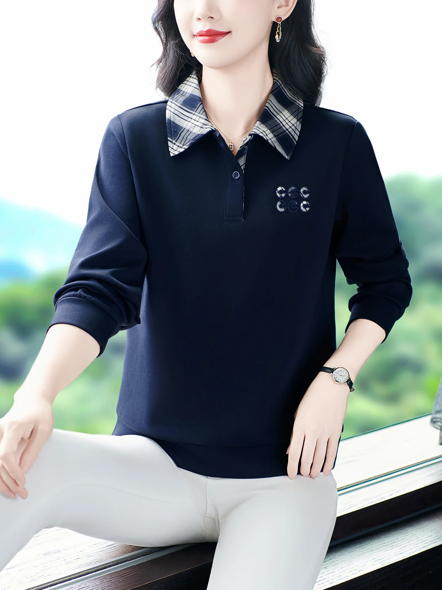 

Trendy Plaid Long Sve irt Women's Autumn New Mommy Sle Fake Two-Piece Versatile Top Casual Comfortable Polyester Blend