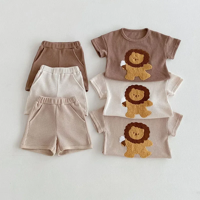 MILANCEL New Summer Baby Clothes Set 0-3T Cute Boys Cartoon Lion T-shirt +Solid Color Shorts Fashion Toddler Casual Suit 2PCS