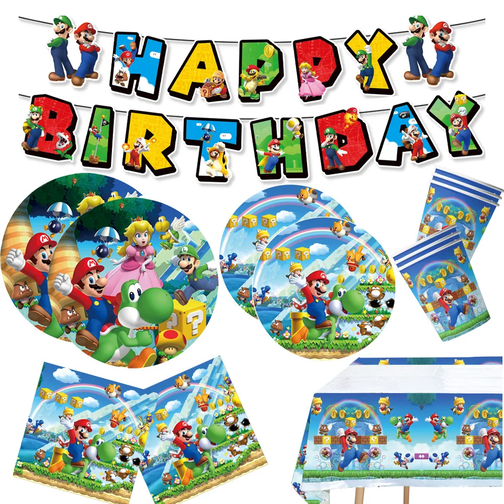 New Mario Birthday Decoration Cartoon Super Bros Party Supplies Kids Disposable Tableware Stickers Plate Balloons Paper Cup Toy