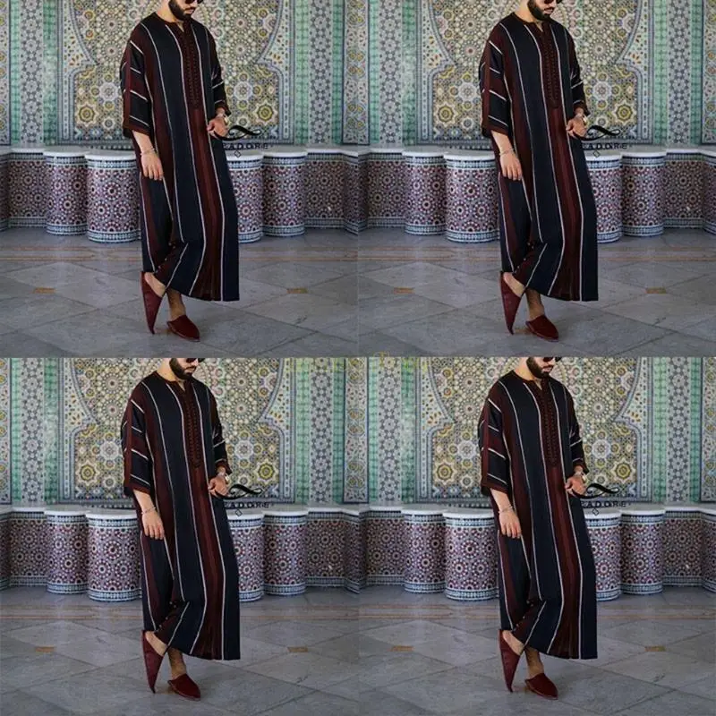 

31BF Fashion Men Ethnic Shirt Ramadan Gown Moroccan Robe Striped Long Thobe