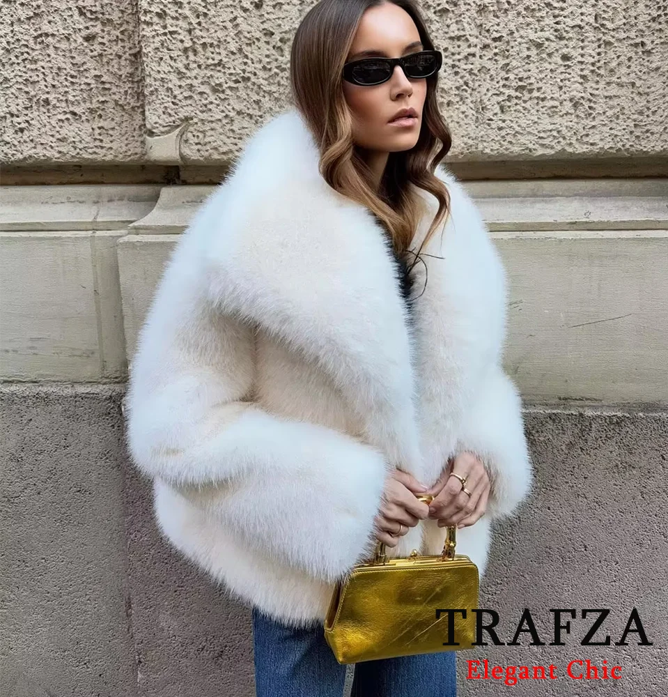 TRAFZA Fall Winter Faux Fur Coat for Women Soft-Touch Big Lapel Coat New 2024 Classic High Street Elegant Coat