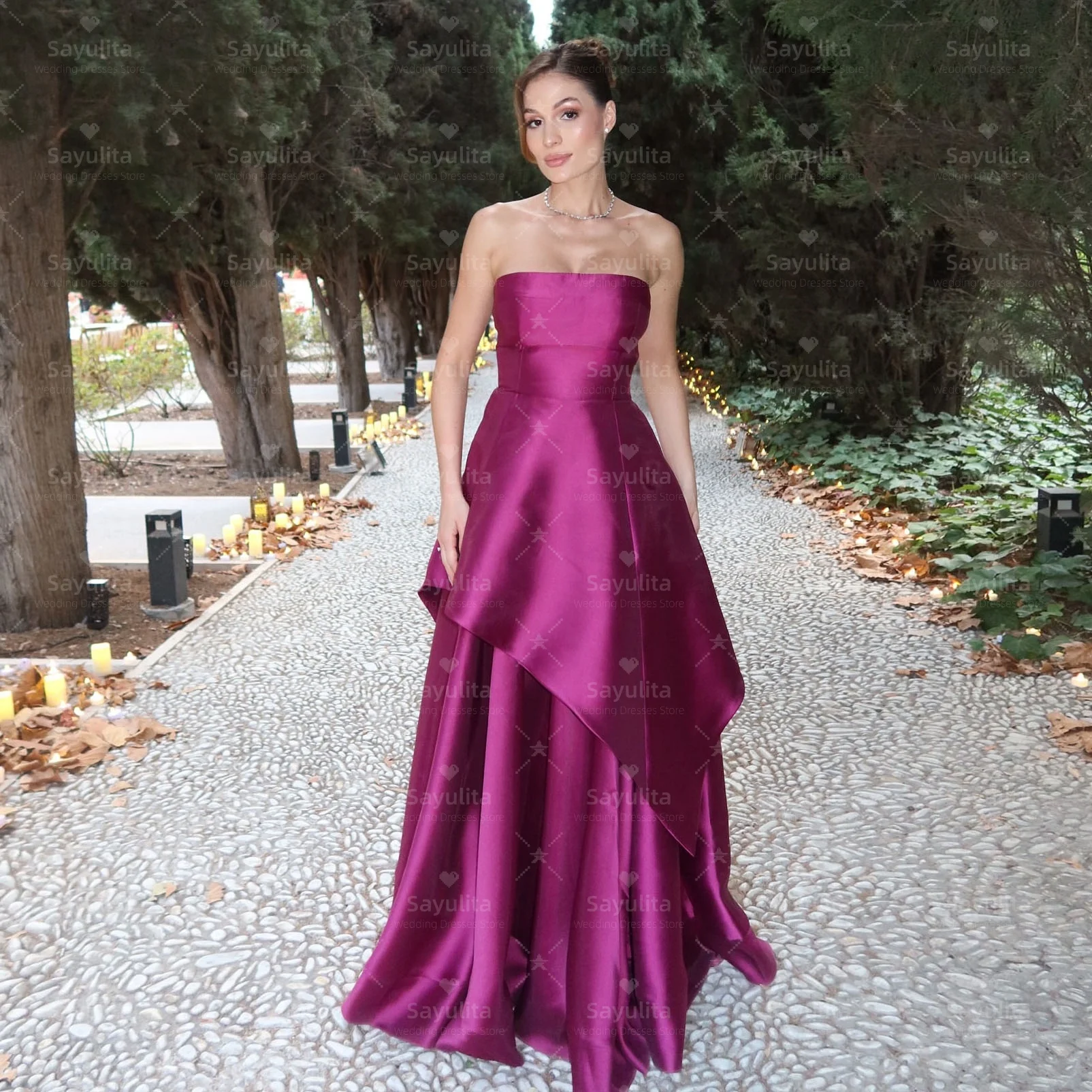 Sayulita Strapless Prom Dresses 섹시한 백 여성 이브닝 파티 드레스 지퍼 백 롱 새틴 로브 드 소와레 맞춤형