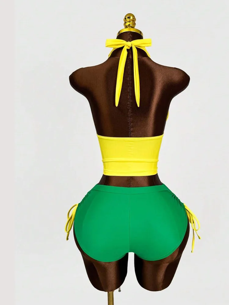 Y2K Summer Hot Girl Hanging Neck Brazilian Printed Tankini Set Women's Strap Collar Top and Drawstring Shorts Beach Wear Set