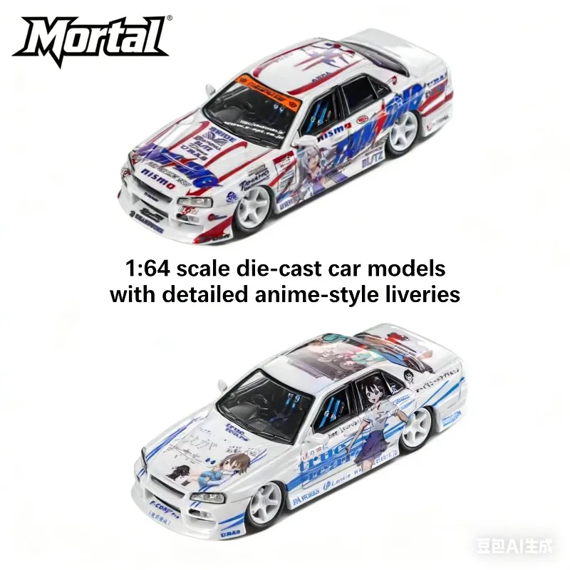 

The exhibition features the MORTAL 1:64 Nissan ER34 URAS die-cast alloy car model, a boys' toy and an adult collection piece.