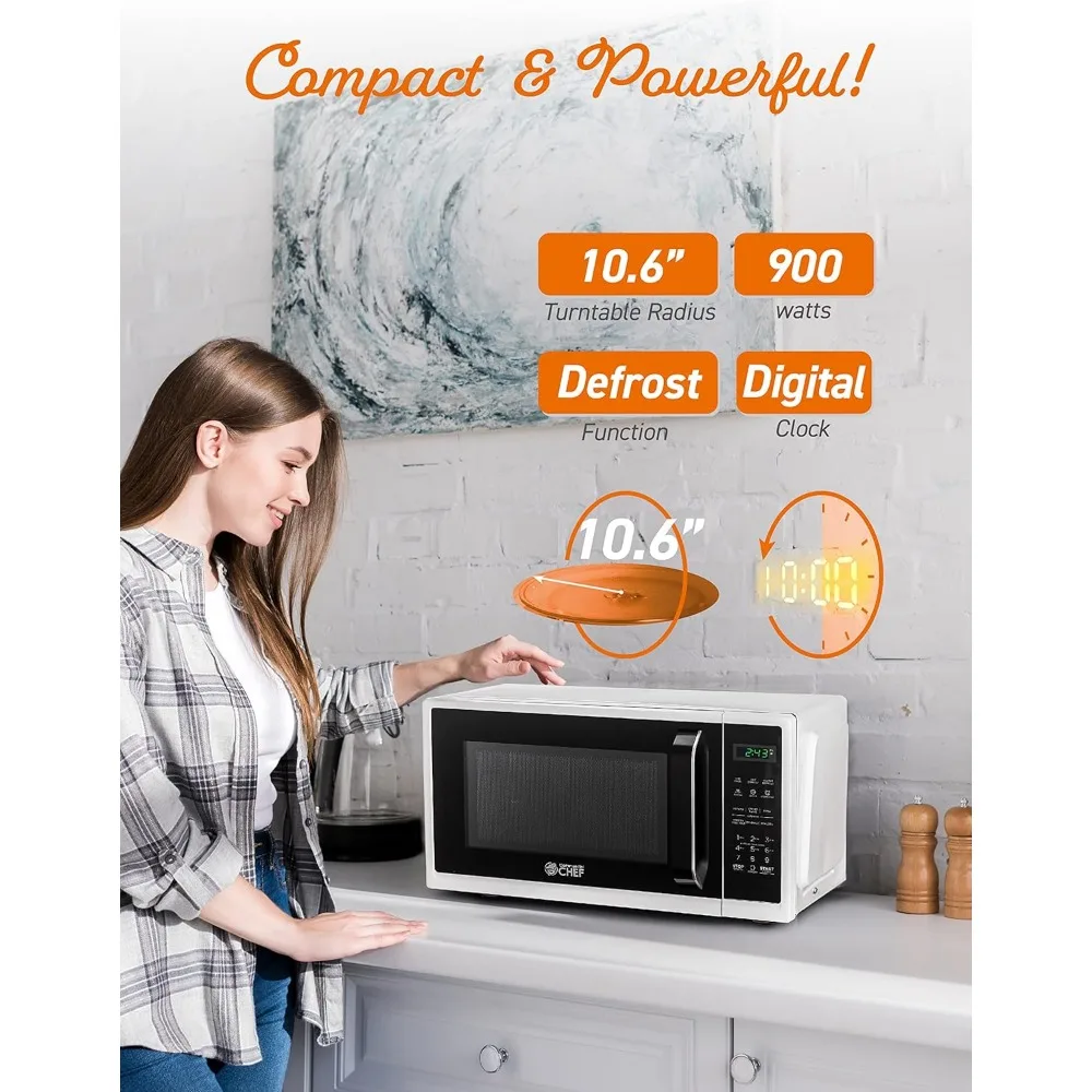 Micro-ondas pequeno com alça de aperto, 0,9 pés cúbicos, display digital 900W, fechadura e temporizador de cozinha, branco