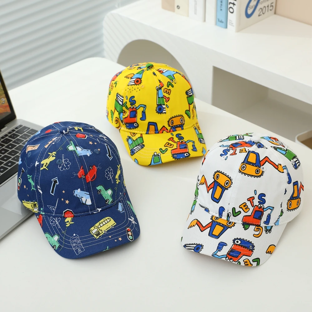 Spring boy cartoon excavator baseball cap children's engineering car duckbill cap girl cute car printed hip-hop hat 3 to 8 years