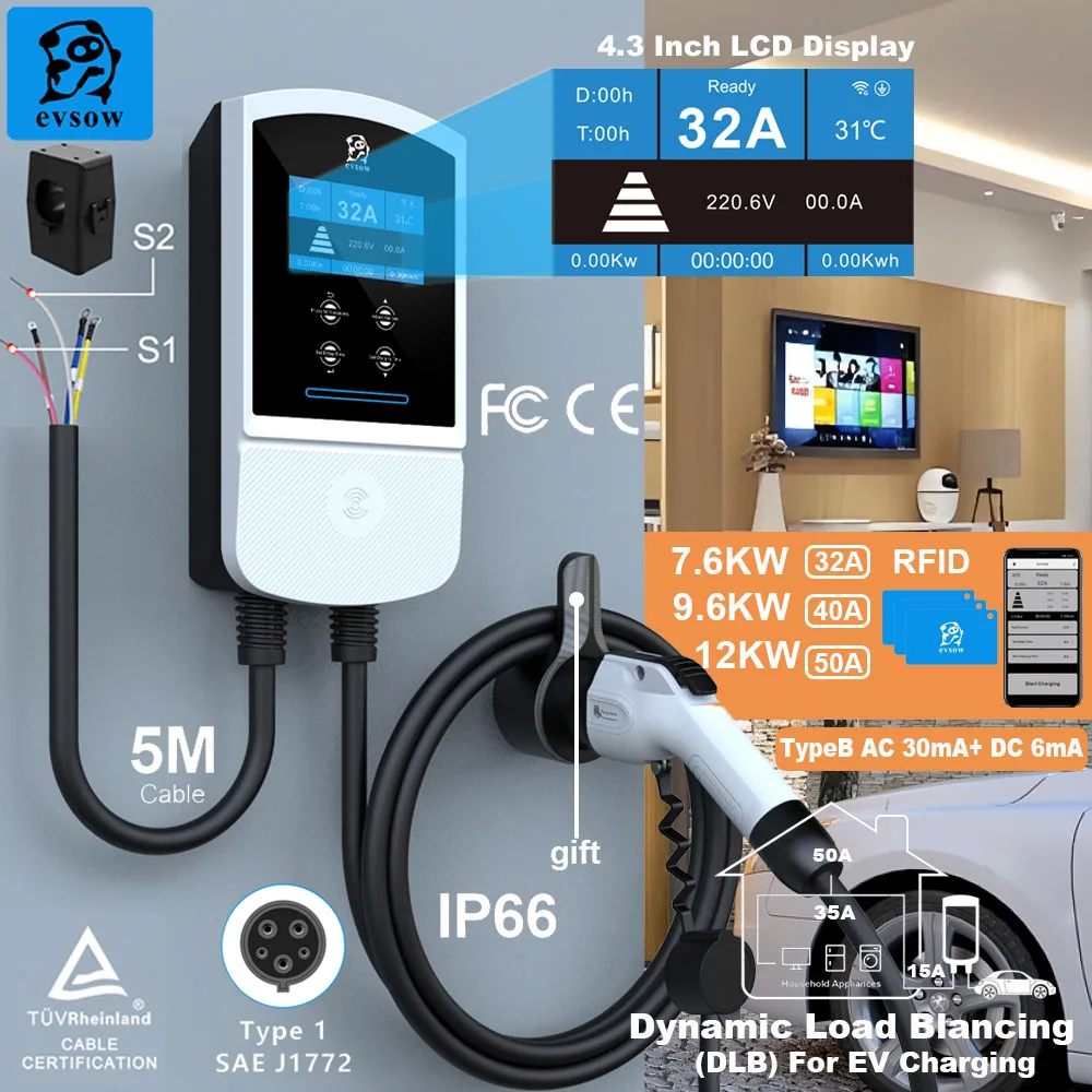 

evsow 12KW EV Charger Type1 Dynamic Load Blancing 4.3Inch Screen 32A APP With Charge History EVSE Wallbox Electric Car Charger