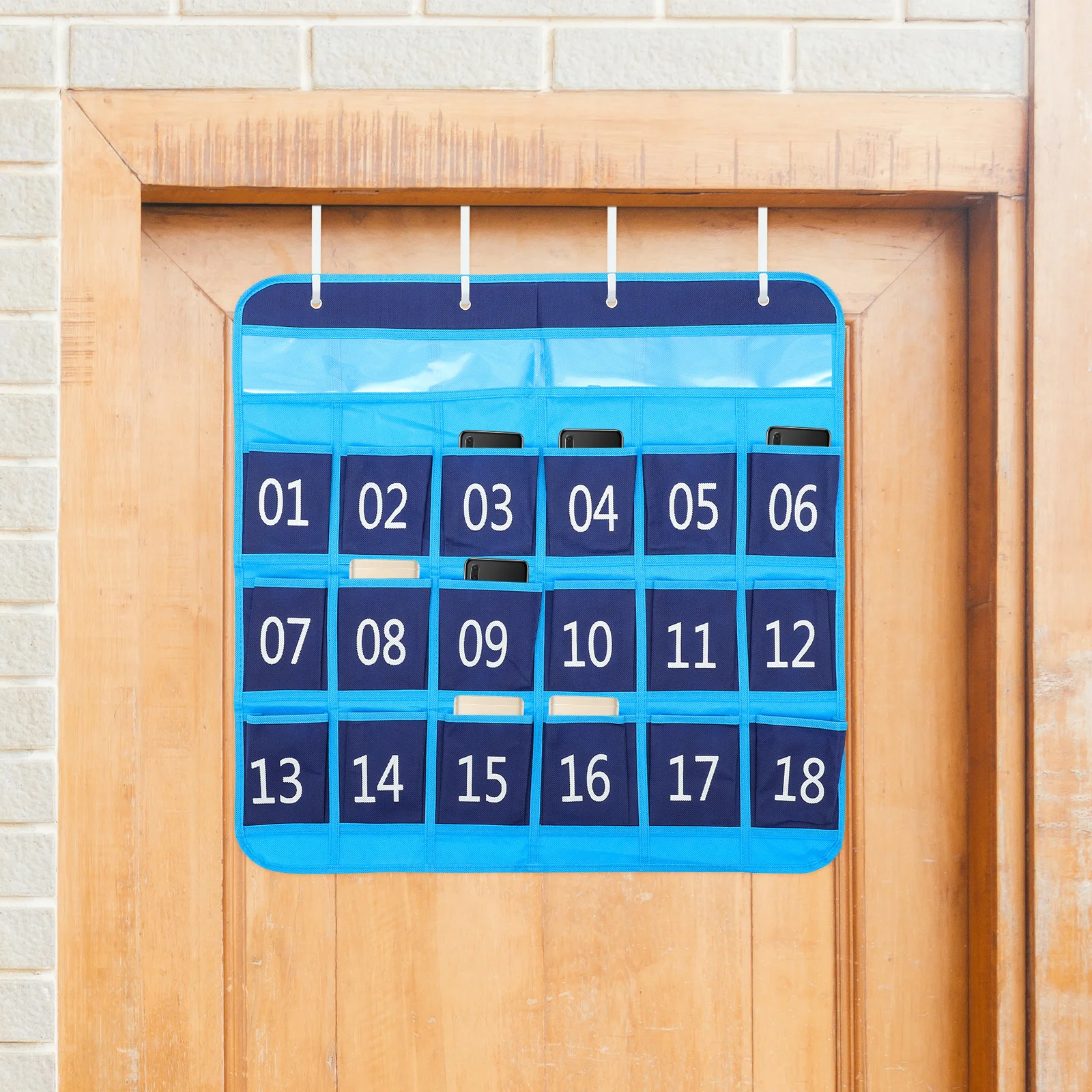 1pc Phone Storage Pouch For Classroom Hanging Organizer Numbered Pocket Chart Cloth Iron Material Cell Wall Bag