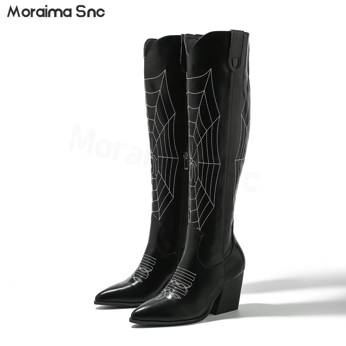 

Spider Web Embroidery Knee-High Leather Boots Autumn and Winter Thick High Heel Pointed Toe Boots Large Size Fashionable Boots
