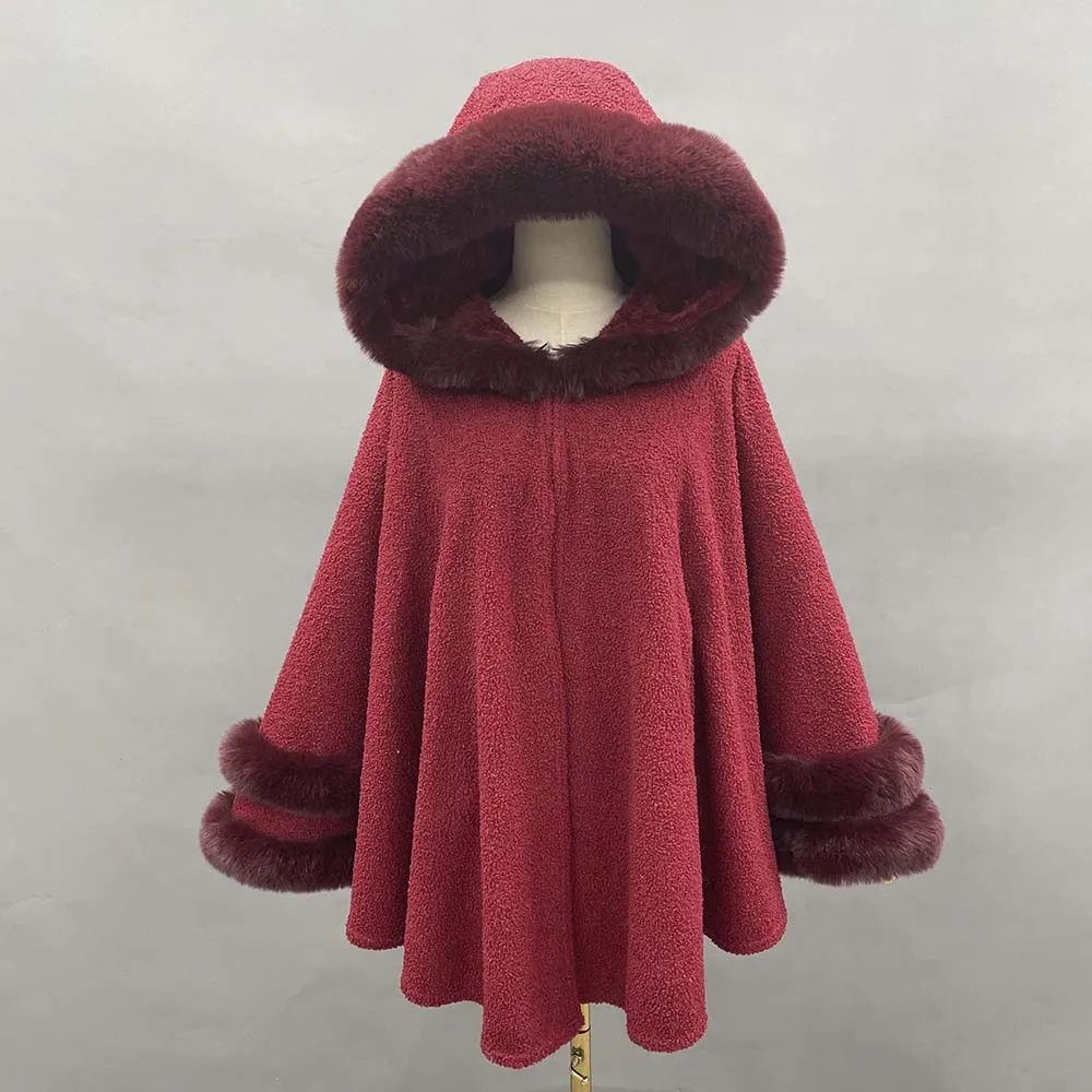 

JANEFUR-Red Cloak with Hood for Women, Fake Fur Cape Coat, Loose Warm Winter, Fleece Lined Lady Poncho, New Fashion, Christmas