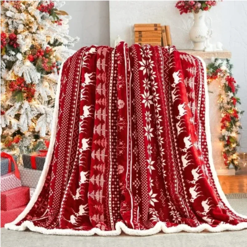 Navidad Christmas Reindeer Throw Blanket Double Layer Thicken Fluffy Soft Fleece Flannel Santa Claus Snowman Blanket Home Gift