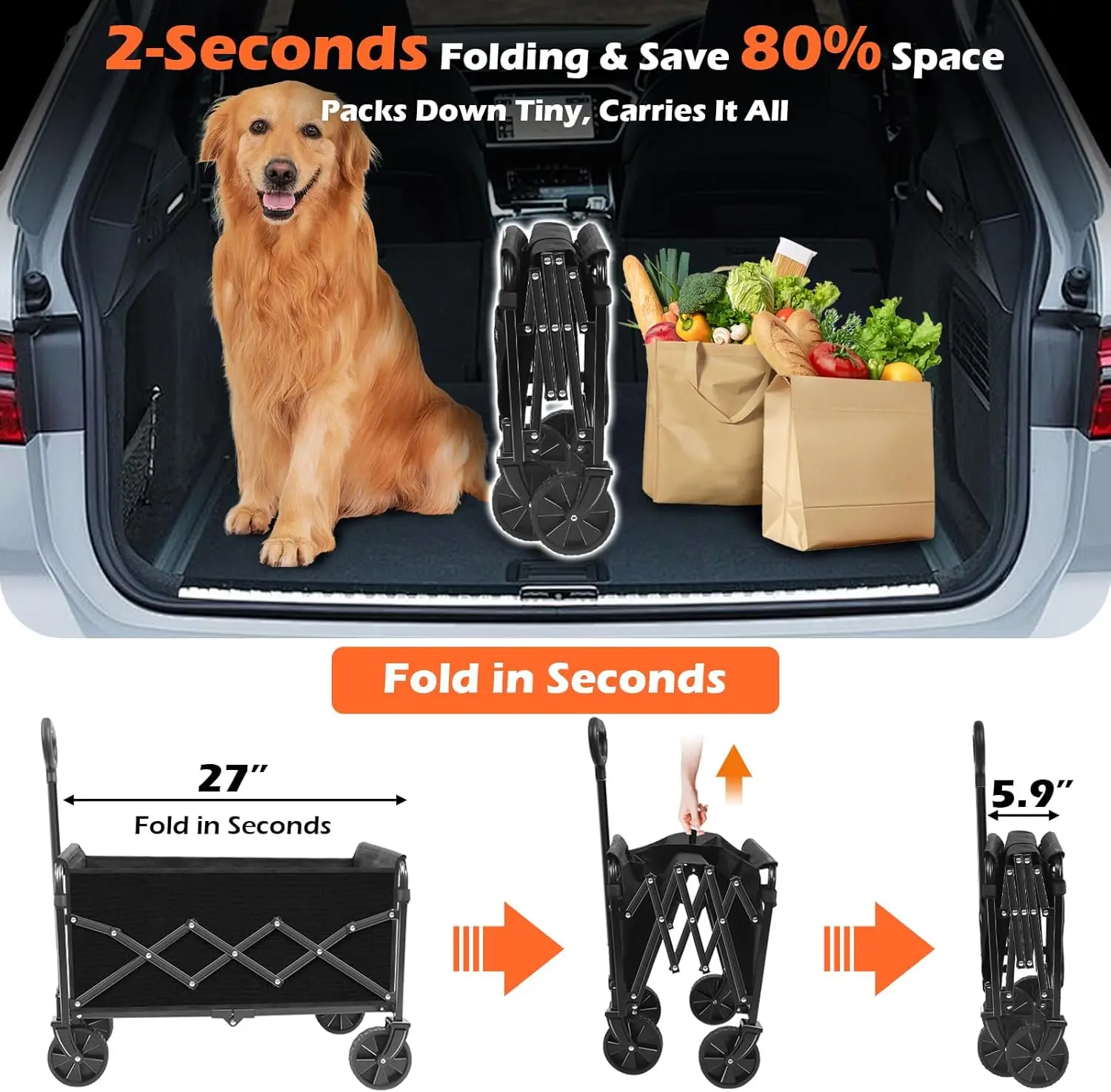 折りたたみ式ワゴンカート、車輪付き、軽量で持ち運び可能、ビーチ、キャンプ、スポーツ、庭用、カップホルダー2個付き、ブラック、360ポンド