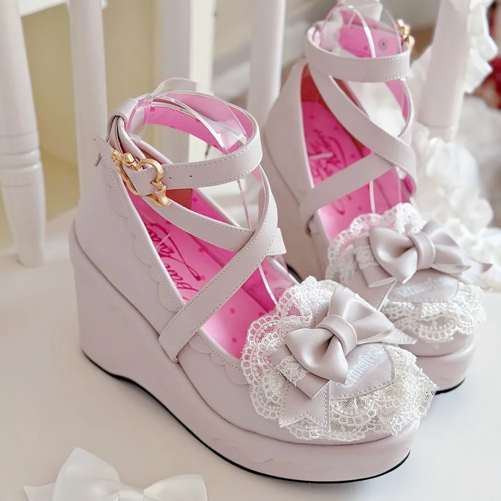 Transfer Student Doll Lolita Wedge Platform Shoes Vintage Old School Lace Bow Ankle Strap Multi Color Patent Leather Women Shoes