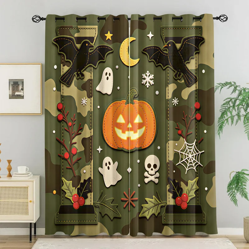 Camo Green Halloween Window Curtain Vintage Pumpkin Bat Ghost Crow Patch Print Drapes Fashion Curtains Home Holiday Decor Gift