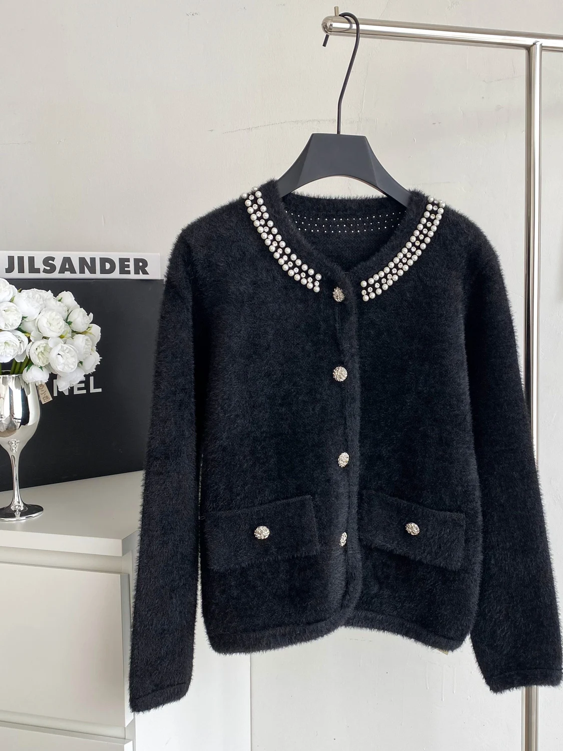 

Faionable Heavy Bead круглый открытый кардиган, свободная повседневная женская верхняя одежда на меху, длинное пальто Ele French Sle