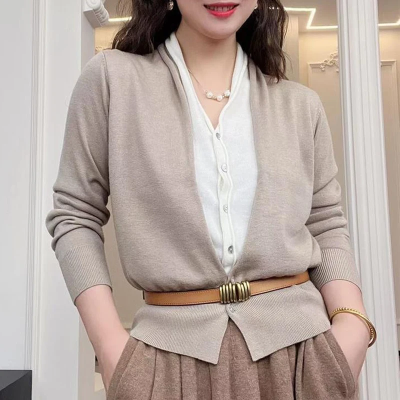 Women Stylish V Neck Patchwork Elegant Fake 2 Piece Knitted Cardigan Office Lady with Belt Chic Casual Long Sleeve Loose Sweater