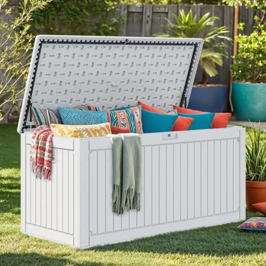 

0 Resin Outdoor Storage Box, XXL Double-Wall Waterproof Deck Box with Divider, Doubles as Table or Seating with 1000 lbs Capaci