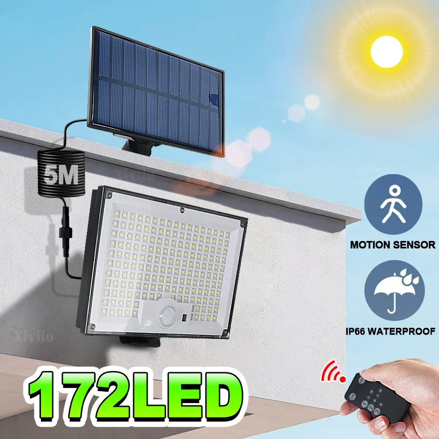 قوية 192/172LED ضوء الشمس مستشعر حركة خارجي أضواء كاشفة تعمل بالطاقة الشمسية IP66 مقاوم للماء الأمن عن بعد الشمسية جدار الشارع مصباح