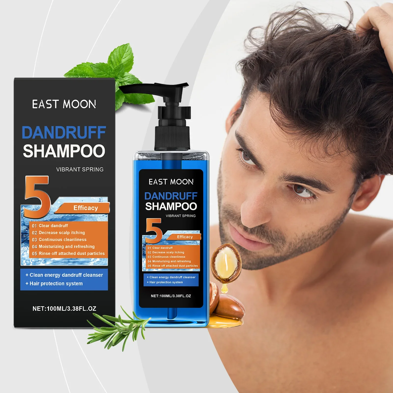 EAST MOON Men's Cool Anti-Dandruff Shampoo Repairs Dry Hair Frizzy Smooth Shiny Oil Control Refreshing Shampoo Profissional