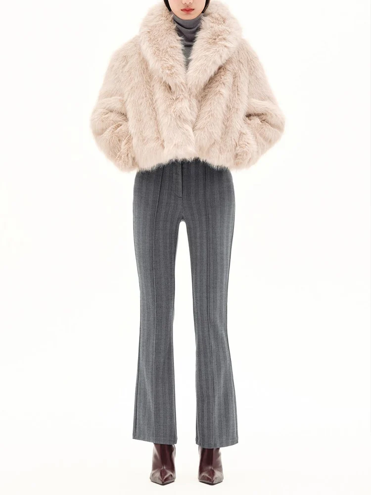 

European style new arrival women's fashion versatile and elegant solid color lapel long-sleeved faux fur short jacket.