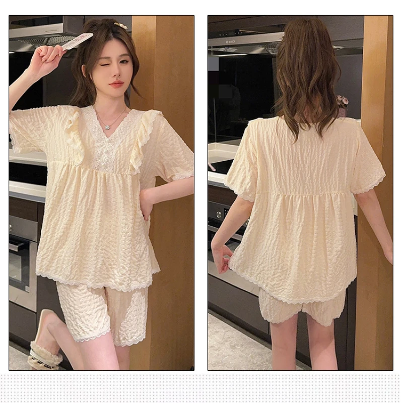 Plus Size Women Pajamas Set Sweet Korean Style Loungewear Summer Loose Homewear Thin Short Sleeved Tee & Shorts Two Piece Pj Set