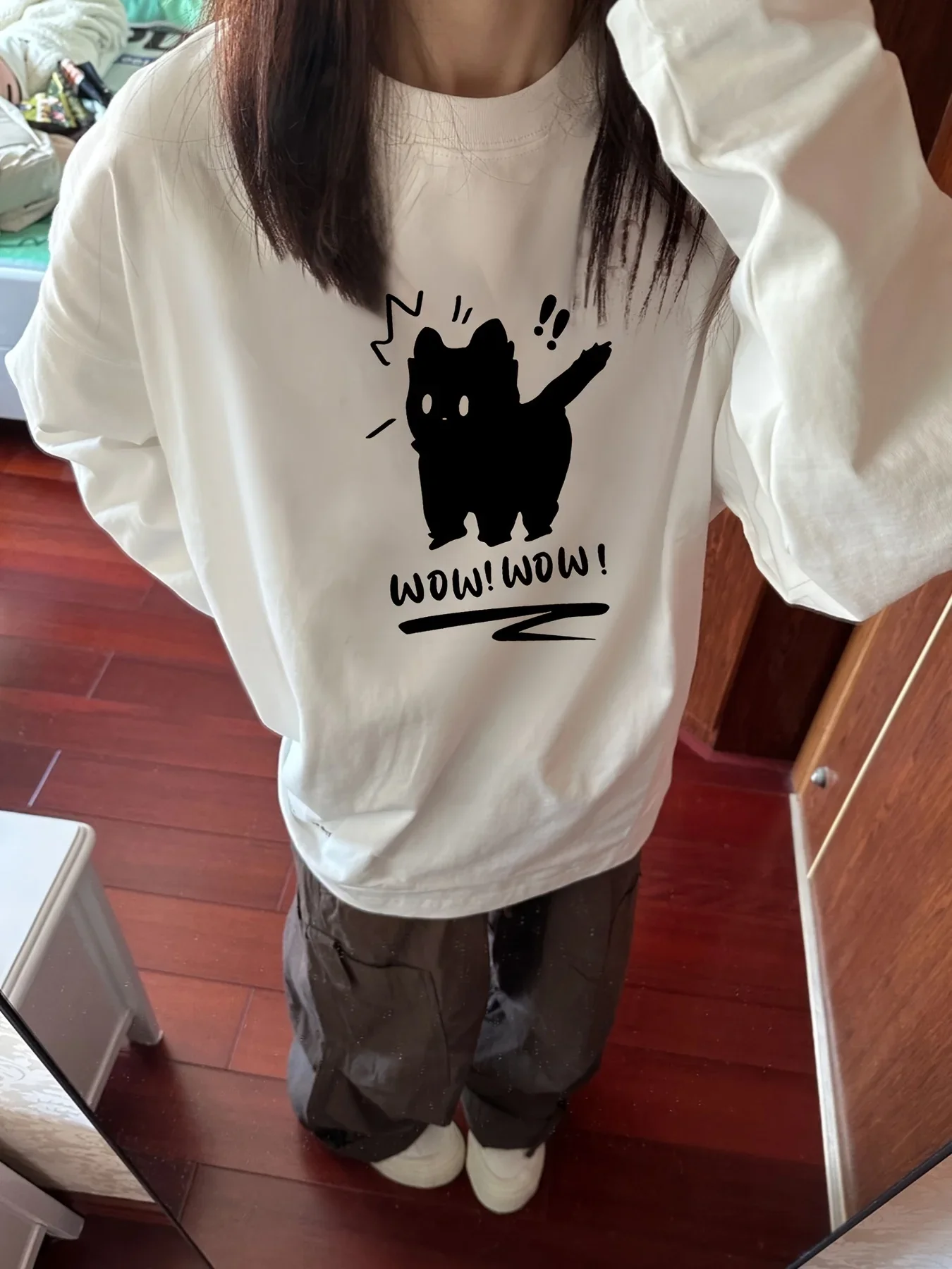 Streetwear Women's Loose Fit Cat Print 100% Cotton Long Sleeve T-Shirt Cute Cartoon Cat Graphic Korean Style Round Neck Top Tee