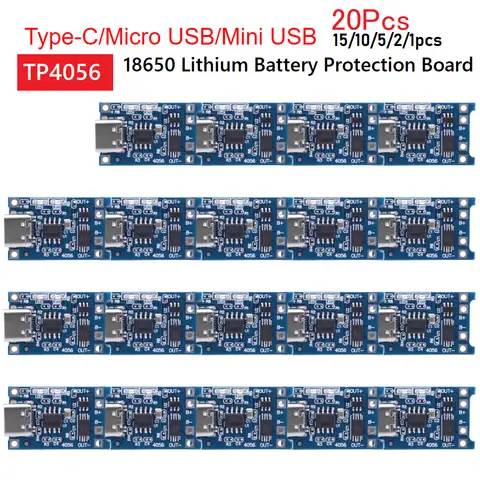 1-20PCS 5V 1A 18650 TP4056 Lithium Battery Charger Module Charging Board With Protection Dual Functions 1A Type-C/Micro/Mini USB