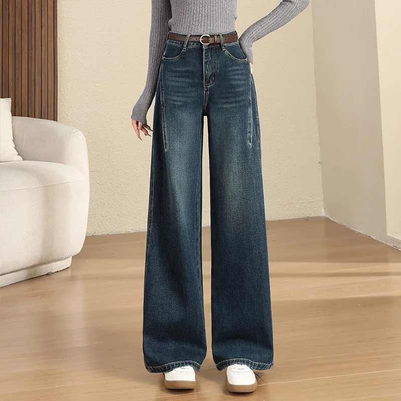

Washed Denim Pants Scimitar Pants Floor-Length Fashion Versatile Dark Blue Loose Banana Pants Draped Vintage Look Heightening Sl