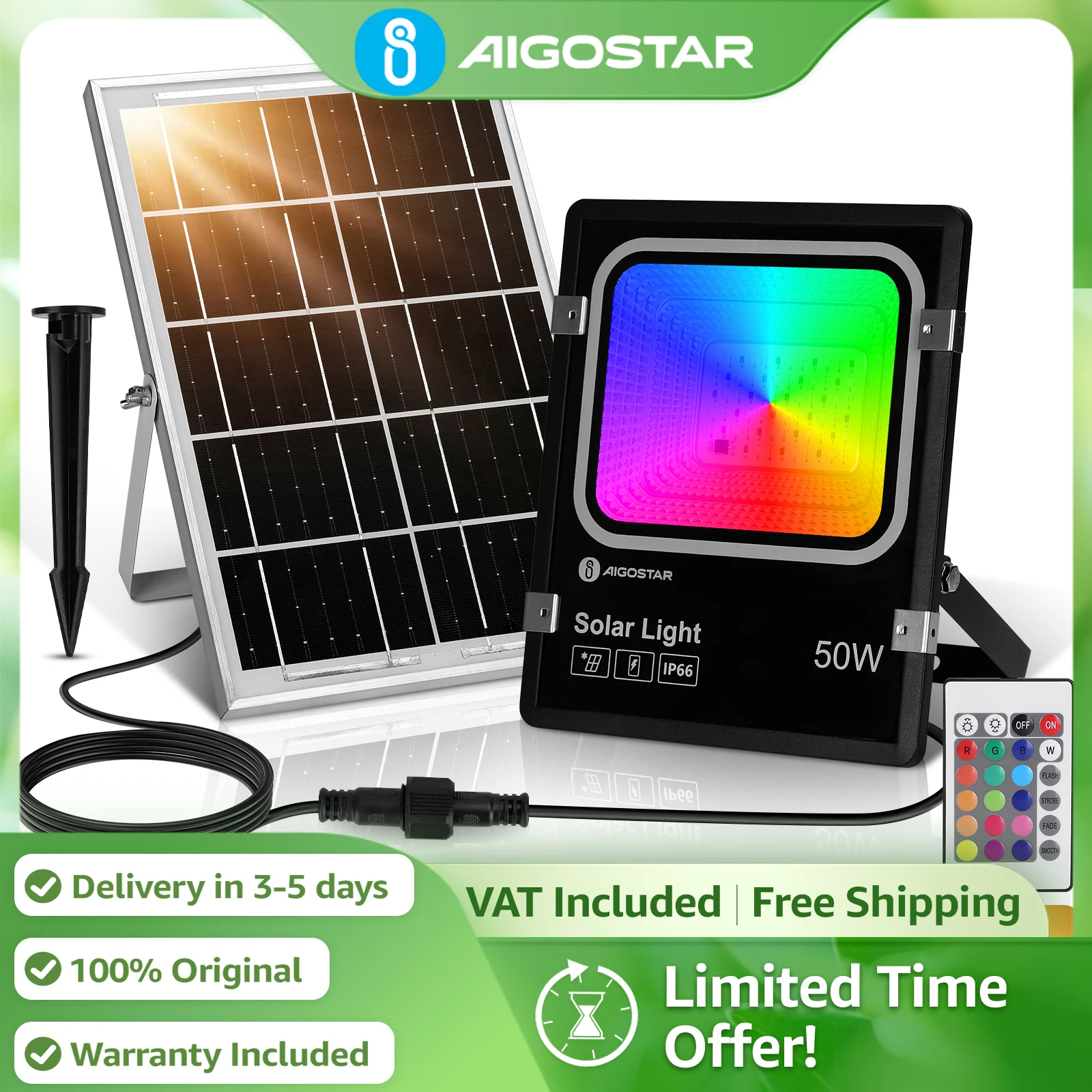Aigostar Foco Solar RGB 50W con Mando | 4000mAh IP66, Cable 5M | Proyector Multicolor para Jardín, Patio