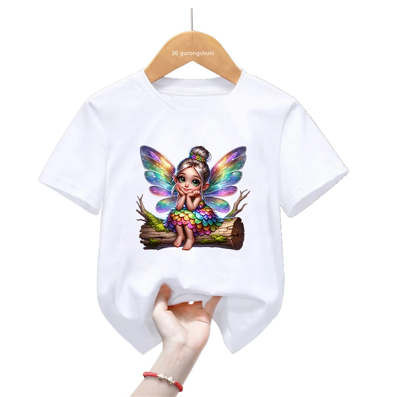 Rainbow Fairy Butterfly Printed Tshirt For Girls Birthday Gift Kawaii Kids Clothes Summer Fashion T-Shirt Harajuku Shirt