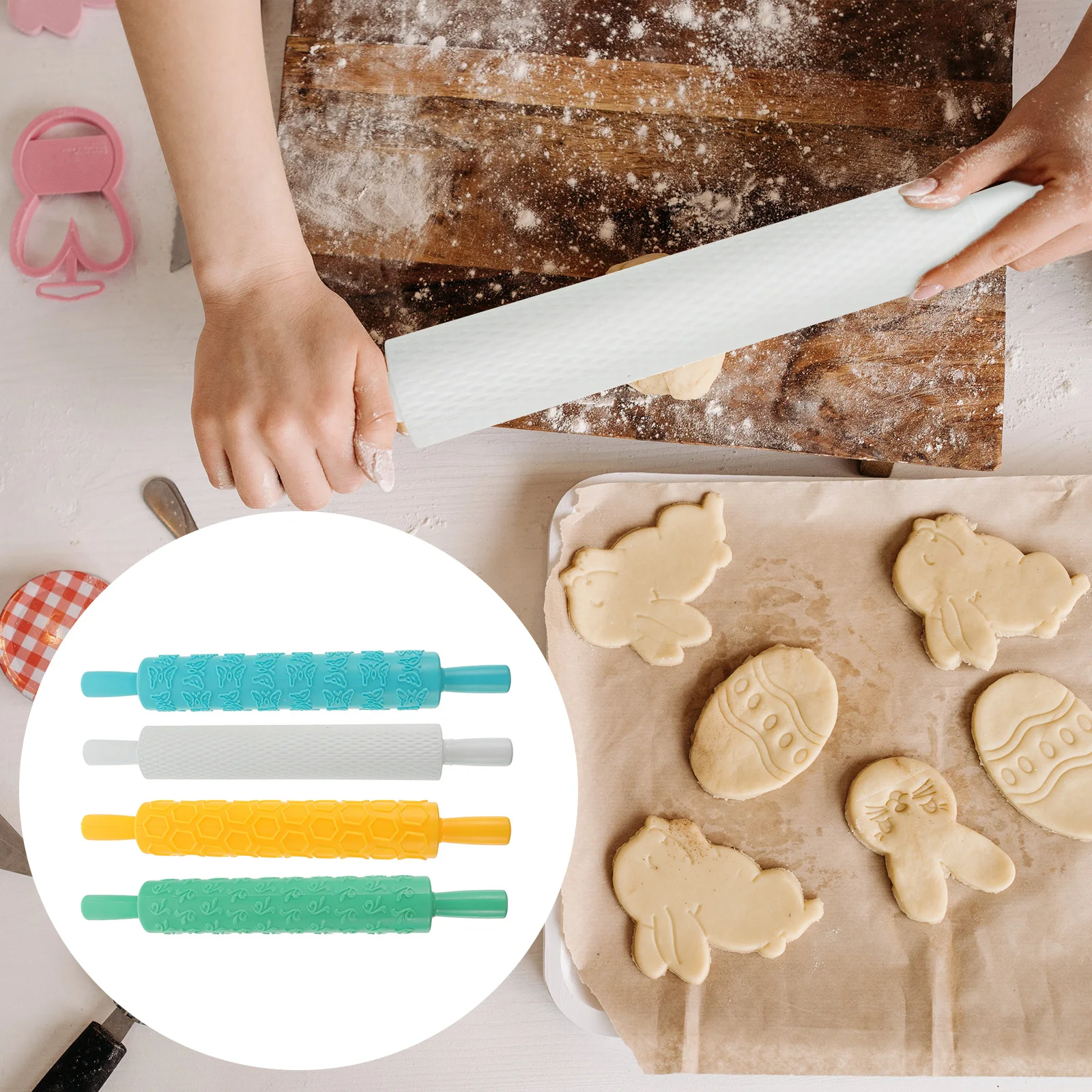 

4 Pcs Embossed Rolling Pin Food Grade Plastic Baking Tools for Cookies Pastry Noodles Kitchen Roller Creative Lightweight