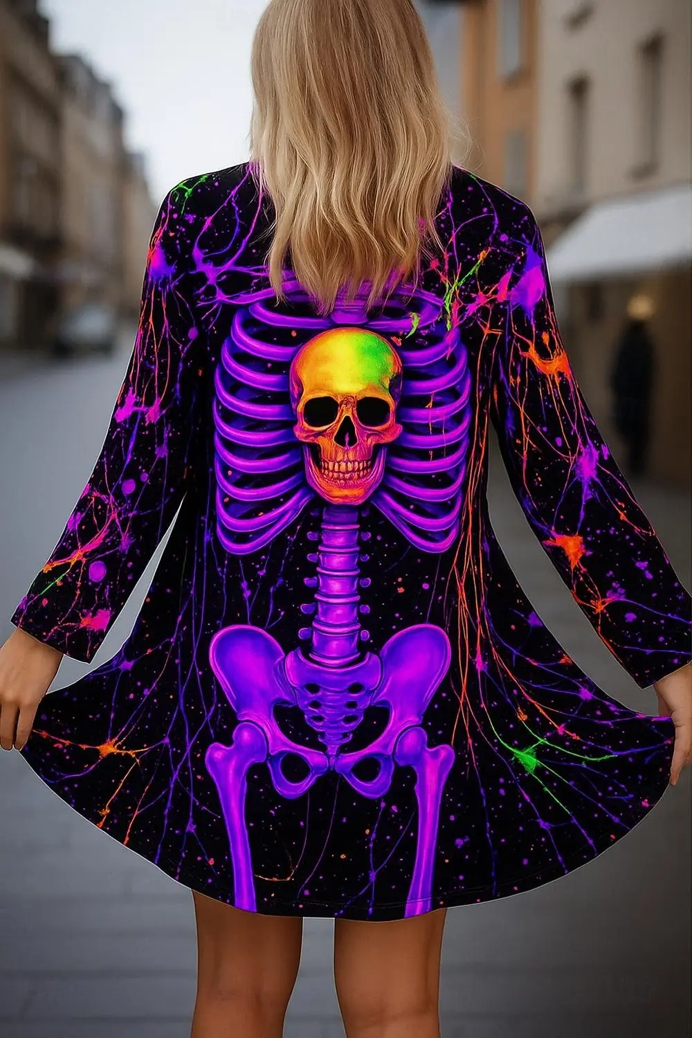 할로윈 여성용 3D 프린트 네온 해골 긴 소매 카디건, 폴리에스테르 오픈 프론트, 경량 커버업, 봄 가을 캐주얼 코트