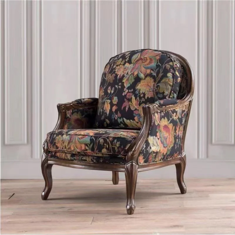 Solid wood embroidered single sofa casual retro tiger chair