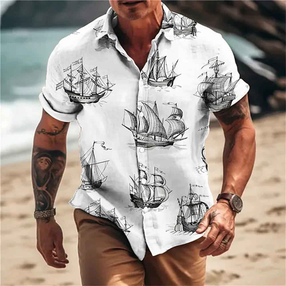 

3D Nautical Pattern Printed Hawaiian Men's Shirt Summer Casual Short Sleeved Shirt Street Fashion Loose Oversized Men's Shirt