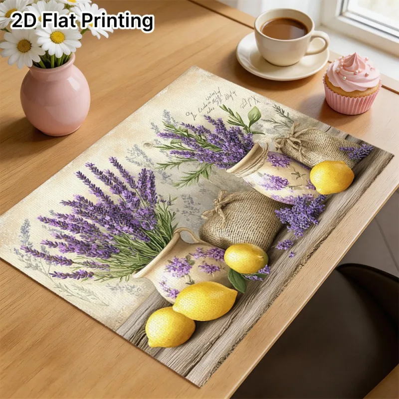 Wood Lavender Lemon Placemats,Washable Table Decor,Heat Insulation Protector for Farmhouse Breakfast Table,Cafe Countertop Use
