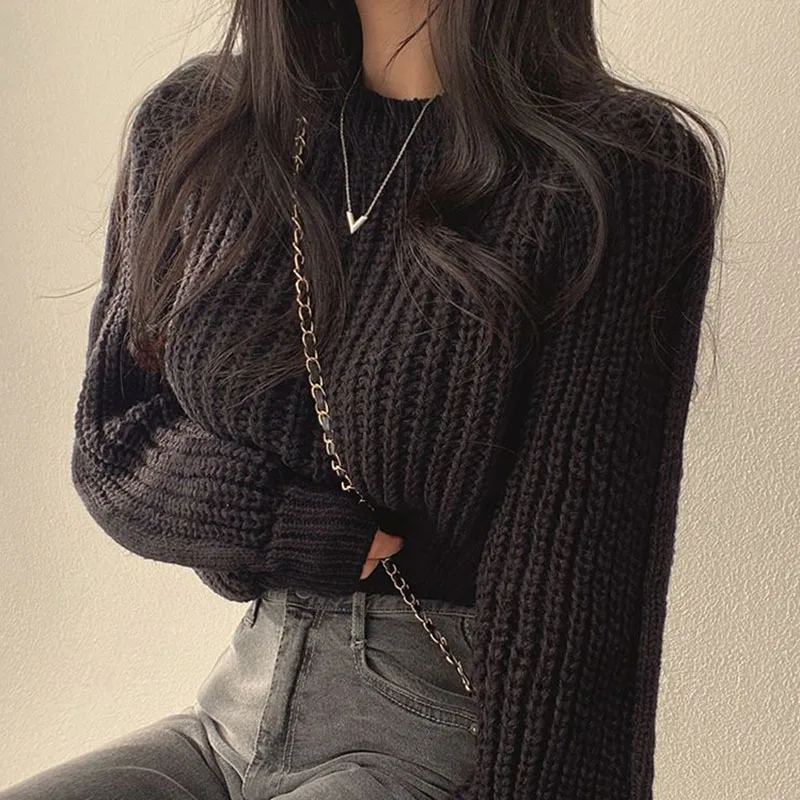 Lucyever Women Sweaters and Pullovers Autumn Winter Short Hollow Out Knitted Sweater Female Solid Casual Long Sleeved Jumper Top