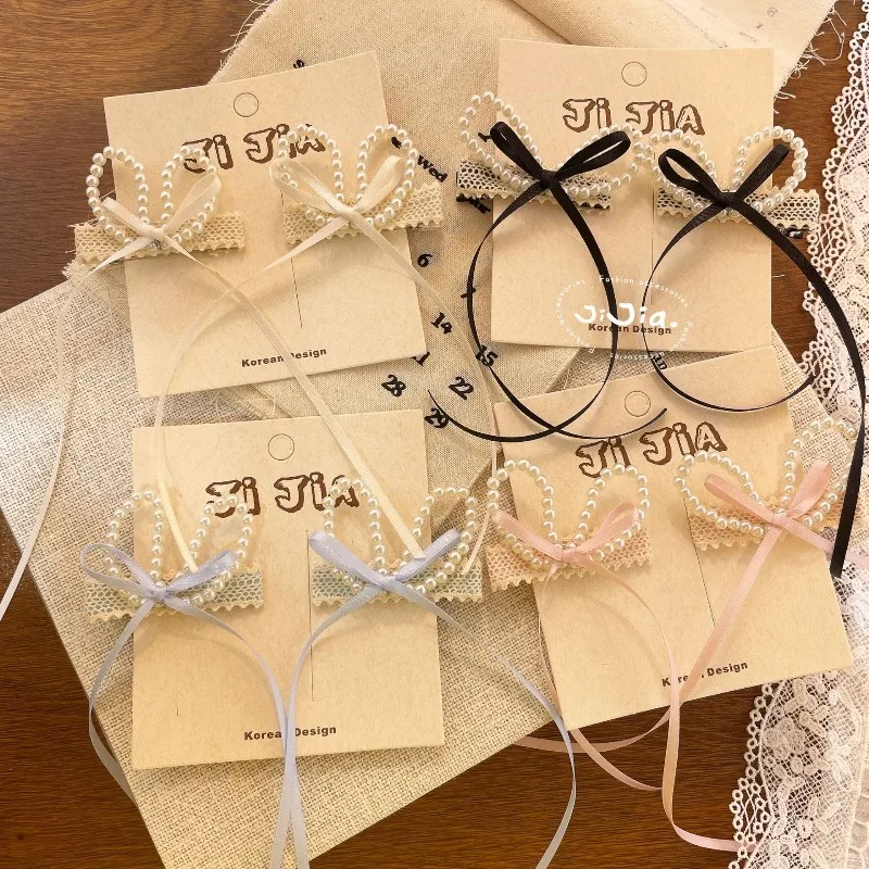 

Sweet Pearl Bow Duckbill Clips with Korean Ribbon Design Elegant Hair Barrettes for Kids Girls Lovely Daily Bangs Side Clips