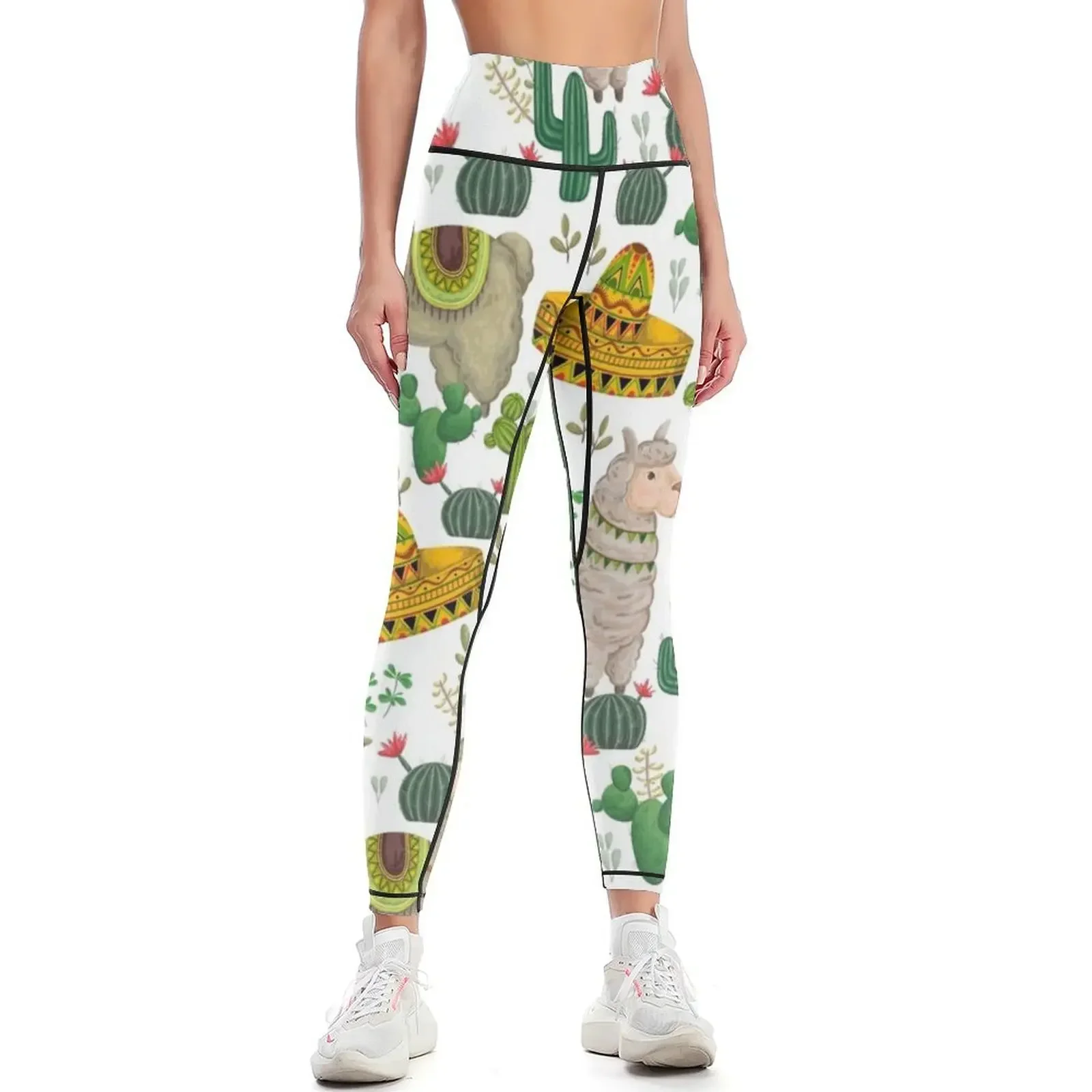 

Seamless pattern with llama animal, sombrero, cacti and floral elements Leggings Golf wear Sweatpants Womens Leggings
