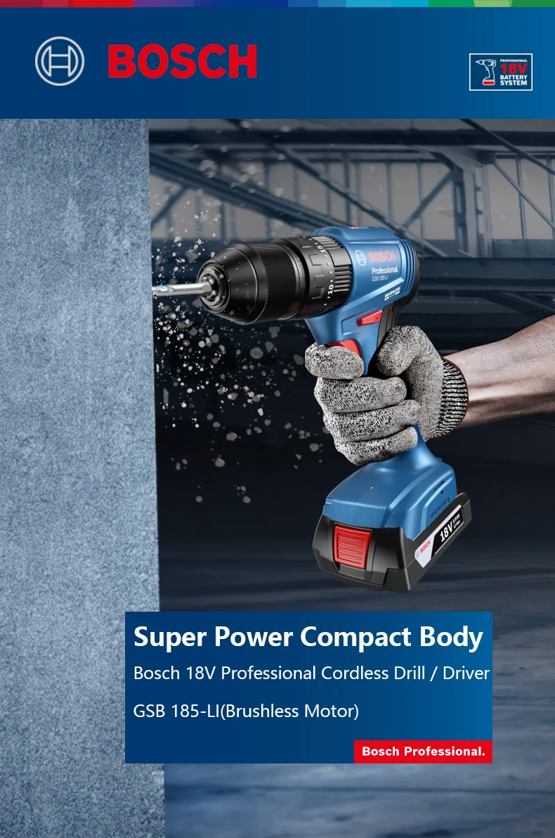 Bosch Cordless Impact Drill Gsb 185-Li Electric Screwdriver Driver 18V Lithium Battery Brushless Screwdriving Drilling Wireless