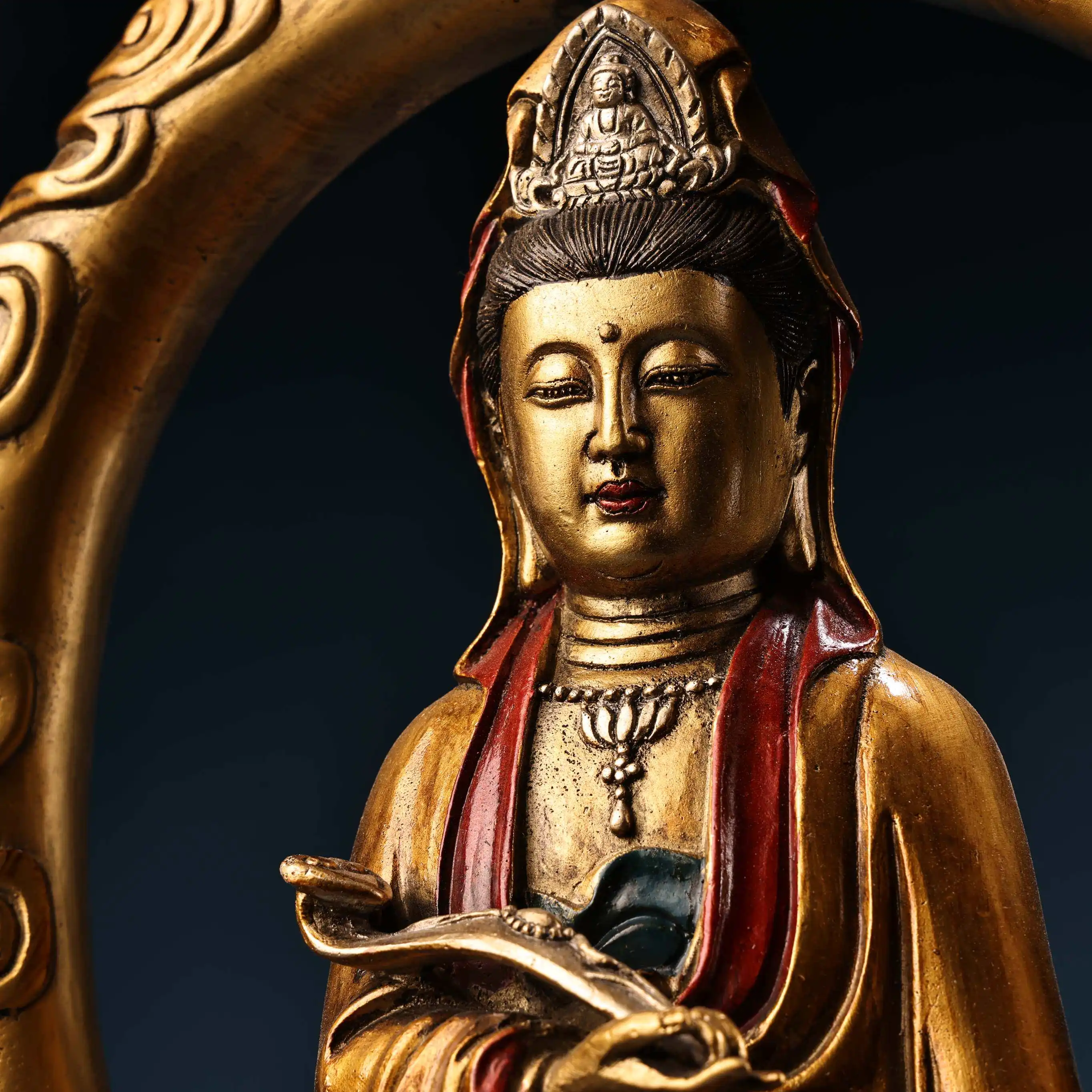 Bronze Painted Gold Gilt Seated Guanyin on Moon Base Statue Serene Face Heavy Patina Fine Craft