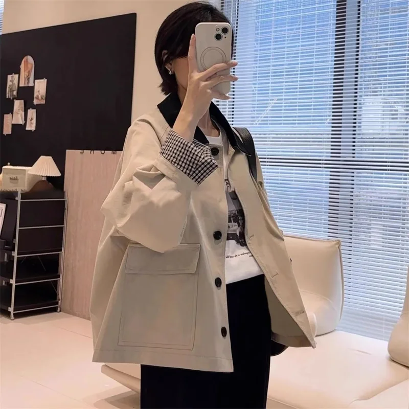 Women Winter Coats Contrast Plaid Single-breasted Loose  Khaki Trench Coat Casual  Joker High-grade Short Coat Woman Coat Women