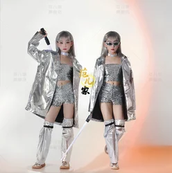 Silver Jazz Dance Costumes For kids Fashion Stage Wear For Kids Girls Hip Hop Street Dance Children Performance Clothese