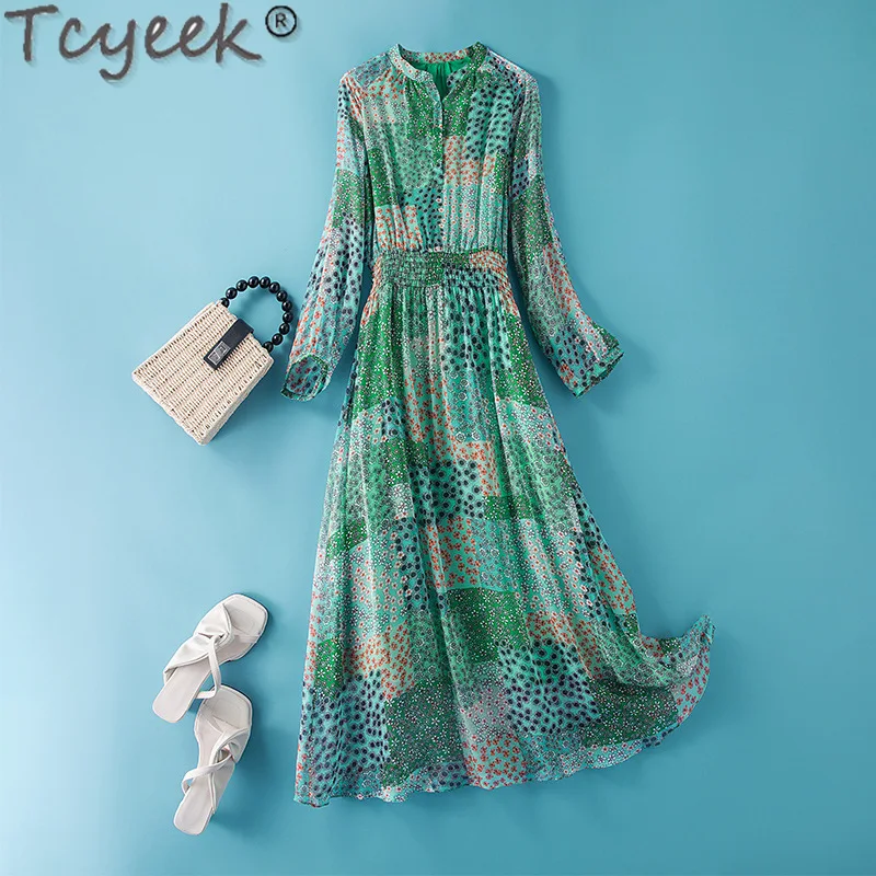 

Tcyeek 100% Real Mulberry Silk Dress Womens Clothing Spring Summer Long Sleeve Dress 2024 Elegant Women's Dresses Print Vestidos